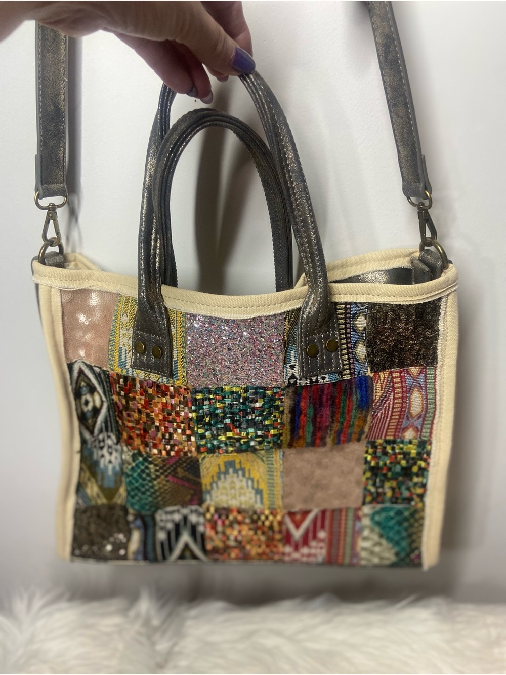 Patchwork Multicolor Tote Bag with Metallic Handles…New!